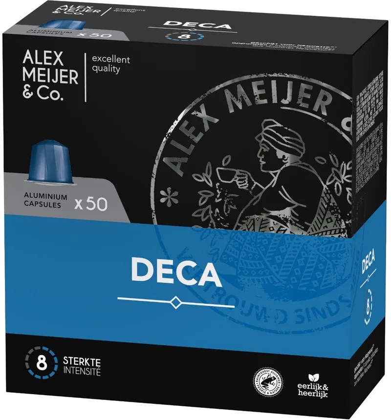 Deca Koffie – 50 Nespresso Compatible Cups | Cafeïnevrij | Intens & Vol van Smaak van Alex Meijer – productfoto