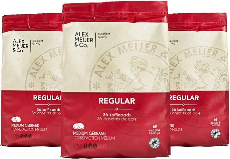 Regular Koffie - Koffiepads - 3 Zakken met 36 Koffiepads van Alex Meijer – productfoto
