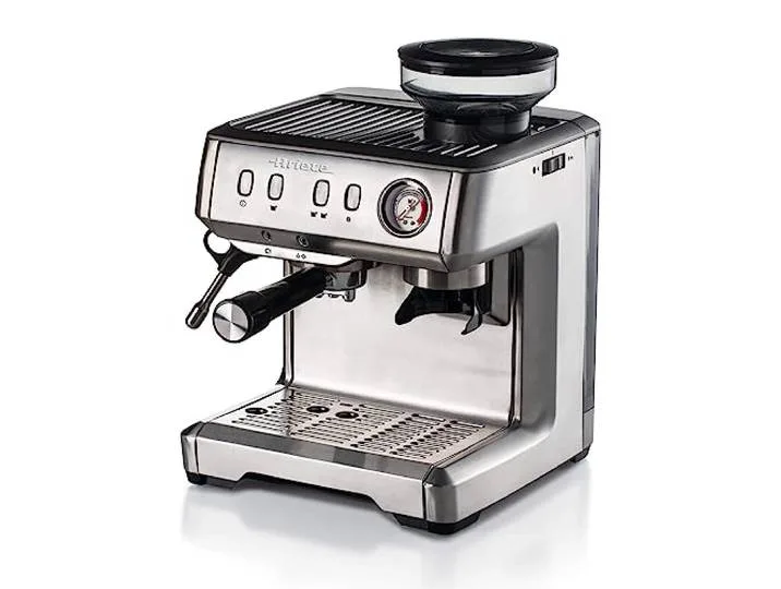 Ariete 1313, Kaffeemaschine mit Manometer, Integrierte Kaffeemühle, Kompatibel mit Kaffeepulver und ESE-Pads, 15 Bar Maximum, 1 oder 2 Tassen-Filter, Cappuccino-Düse, 1600W, Silber de Ariete – photo produit
