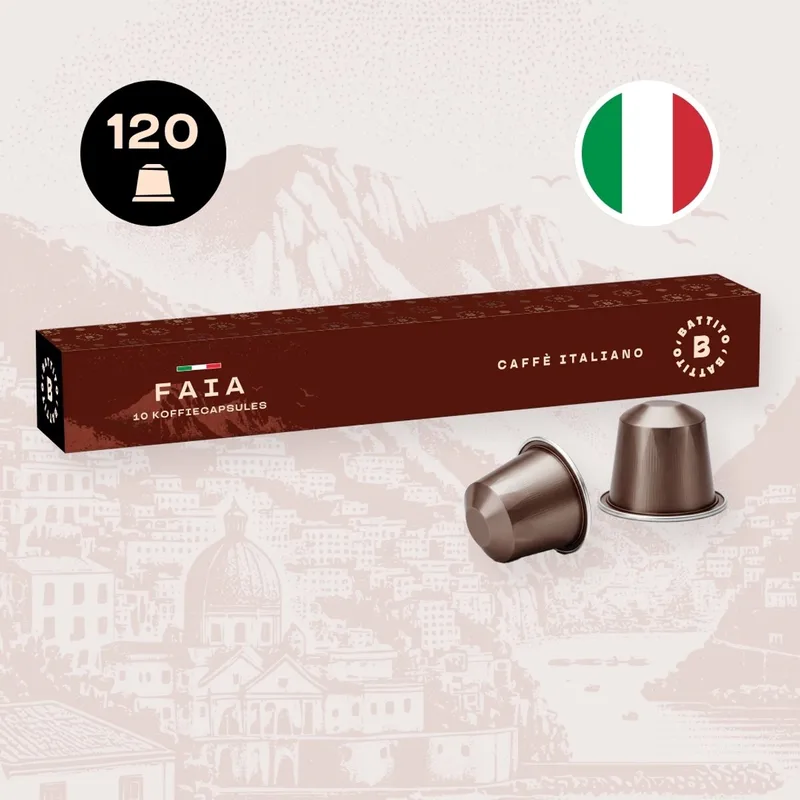 'Faia' Italiaanse koffiecups - Sterke espresso - Intensiteit 8/10 - Ambachtelijke kwaliteit uit Napels, Italië - 120 capsules van Battito – productfoto