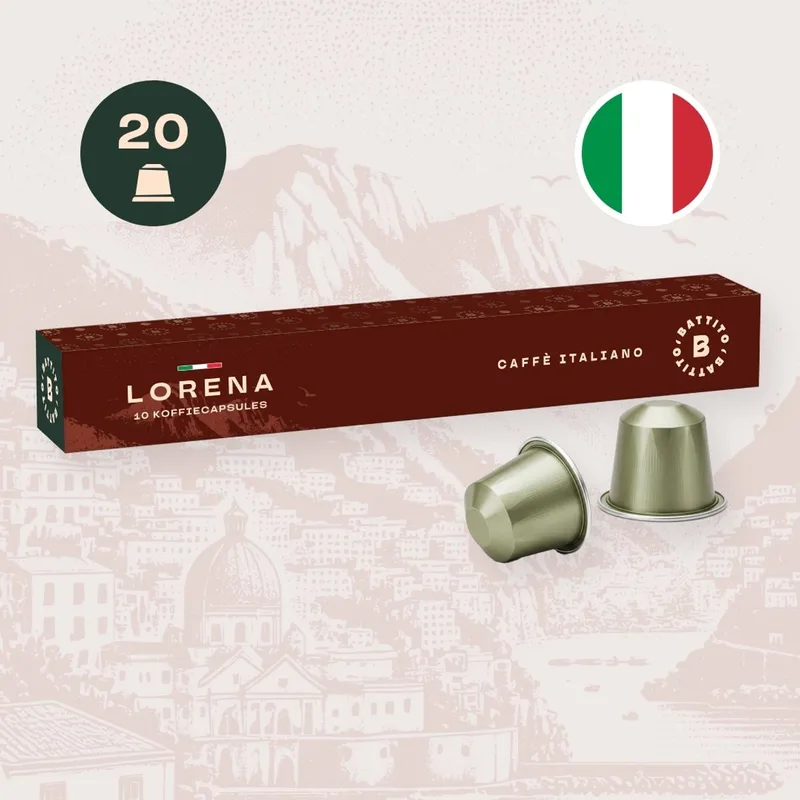 'Lorena' Italiaanse koffiecups - Lungo en Cappuccino - Intensiteit 7/10 - Ambachtelijke kwaliteit uit Napels, Italië - 20 capsules van Battito – productfoto