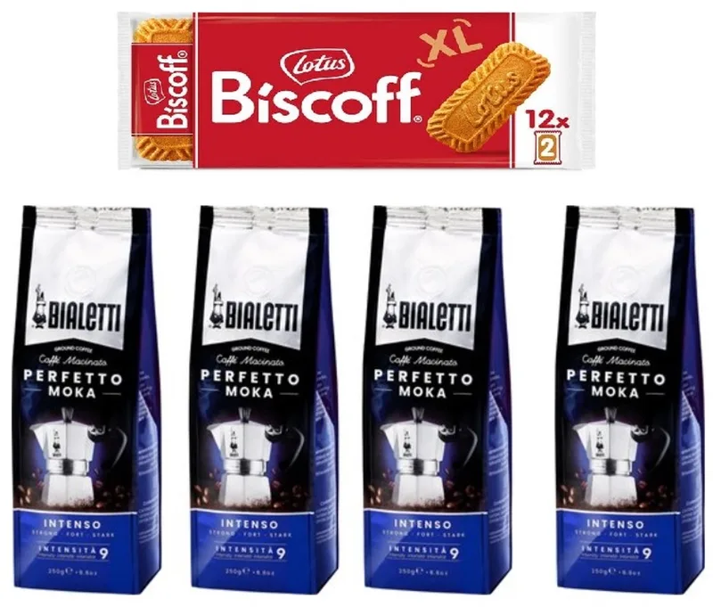 Moka Intenso gemalen koffie - 4 x 250 gram + Lotus Biscoff Speculoos van Bialetti – productfoto