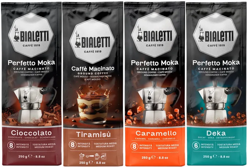 Perfetto Moka Cioccolato Tiramisu Caramello Deka - Mixverpakking - Gemalen Koffie - 1000g (4x250g) van Bialetti – productfoto