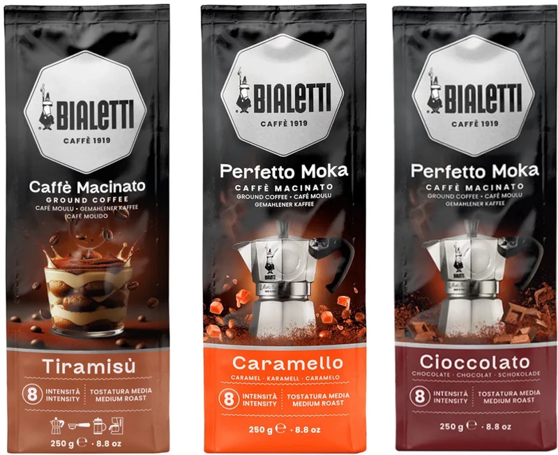 Perfetto Moka Cioccolato Tiramisu Caramello - Mixverpakking - Gemalen Koffie - 750g (3x250g) van Bialetti – productfoto