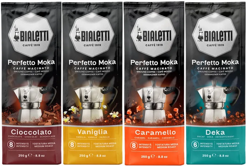 Perfetto Moka Deka Caramello Vaniglia Cioccolato - Mixverpakking - Gemalen Koffie - 1000g (4x250g) van Bialetti – productfoto