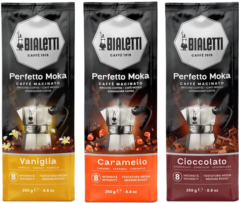 Perfetto Moka Nocciola Caramello Cioccolato - Mixverpakking - Gemalen Koffie - 750g (3x250g) van Bialetti – productfoto