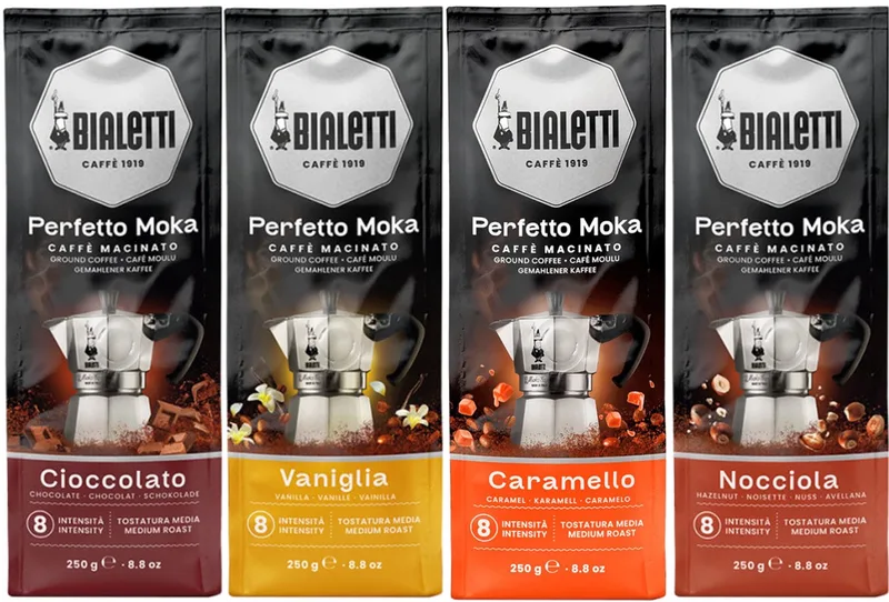 Perfetto Moka Nocciola Caramello Vaniglia Cioccolato - Mixverpakking - Gemalen Koffie - 1000g (4x250g) van Bialetti – productfoto