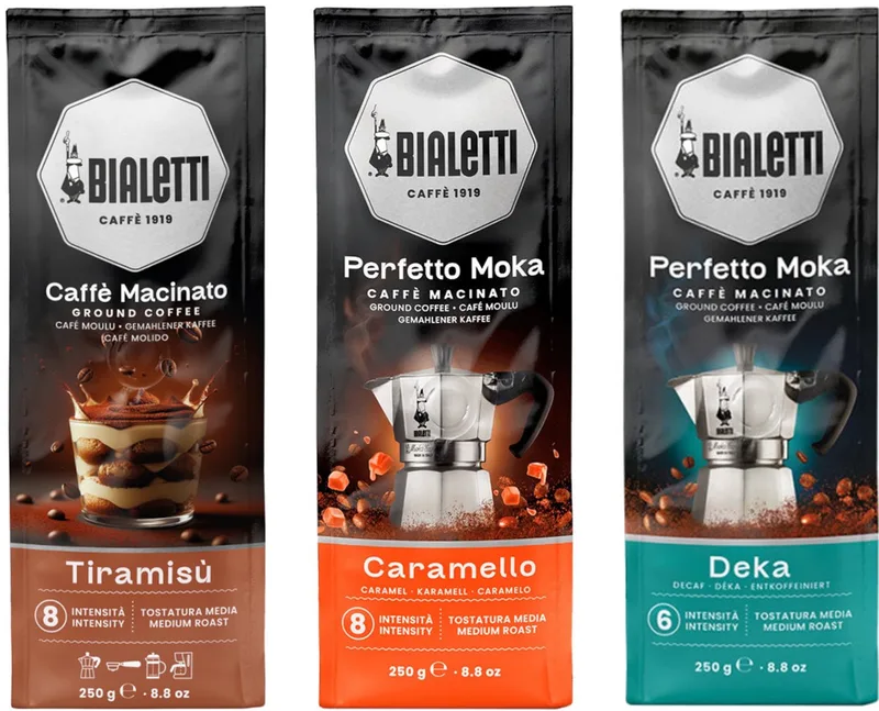 Perfetto Moka Tiramisu Caramello Deka - Mixverpakking - Gemalen Koffie - 750g (3x250g) van Bialetti – productfoto