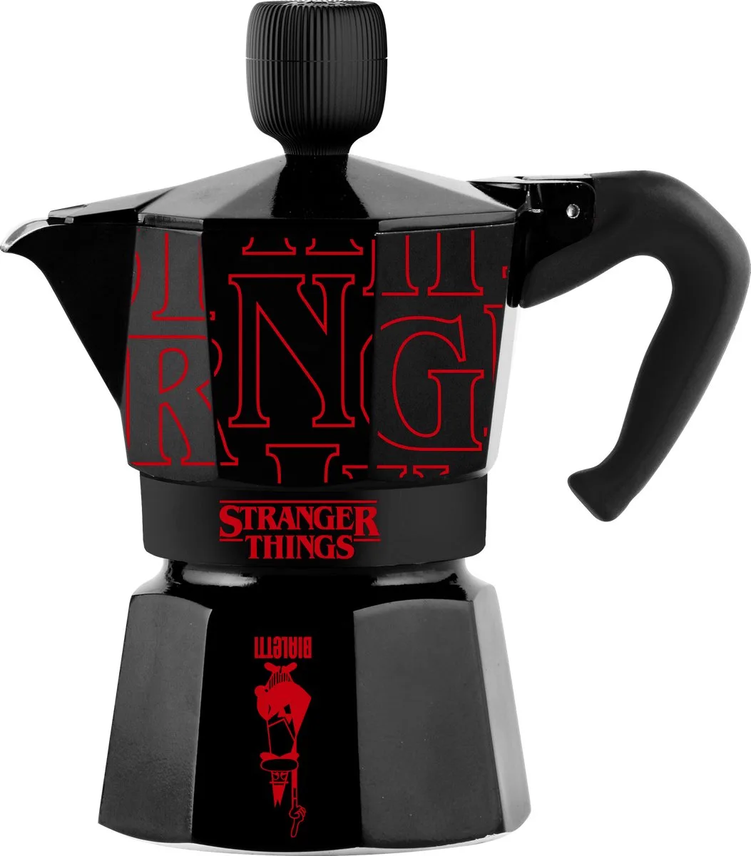 Stranger Things - Percolator - Moka Express 3 kops - Aluminium - Met Stranger things sound effect van Bialetti in Zwart – productfoto