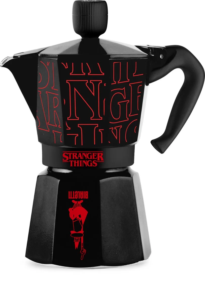 Stranger Things - Percolator - Moka Express 6 kops - Aluminium - Met Stranger things sound effect van Bialetti in Zwart – productfoto