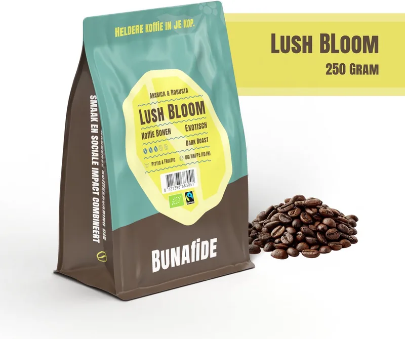 Lush Bloom - Dark Roast - Arabica & Robusta - Biologische Koffiebonen - 250 gram van Bunafide – productfoto