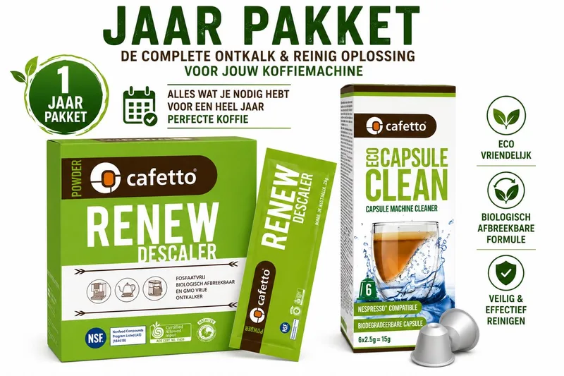 Jaarpakket voor Nespresso® Machines – Ontkalker + Reinigingscapsules – Complete Onderhoudsset voor 1 Jaar – Verbetert Koffiesmaak & Verlengt Levensduur van Cafetto – productfoto