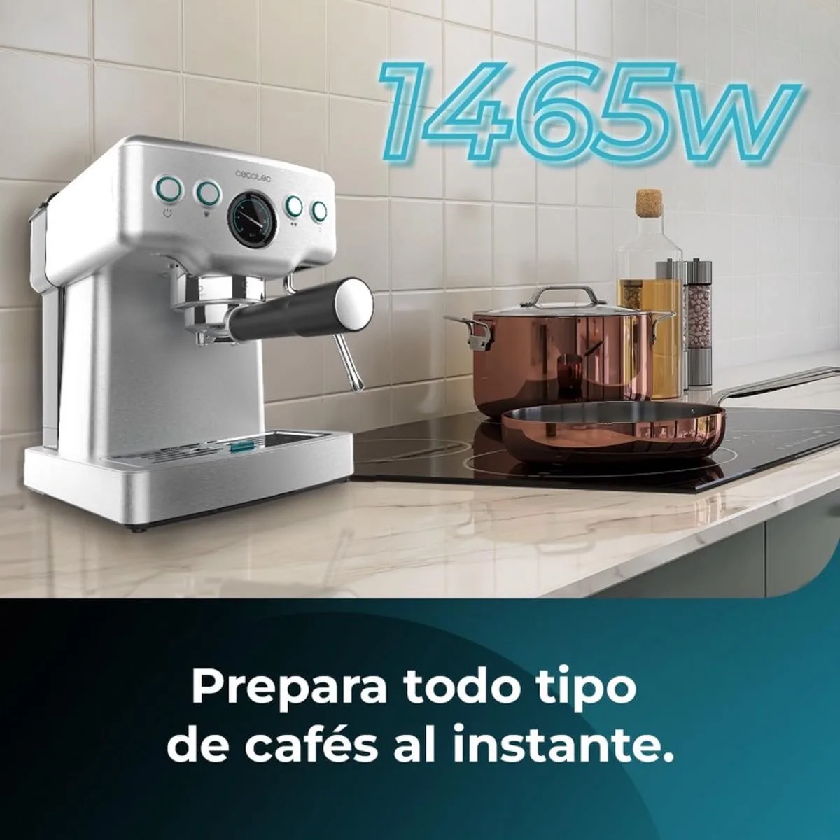Espressomaschine Barista Power Espresso 20 Barista Mini, 1465 W, 20 bar, Manometer und Thermoblock, schwenkbarer Dampfauslass, Doppelauslaufarm, 1,8 Liter von Cecotec in Inox – Produktfoto