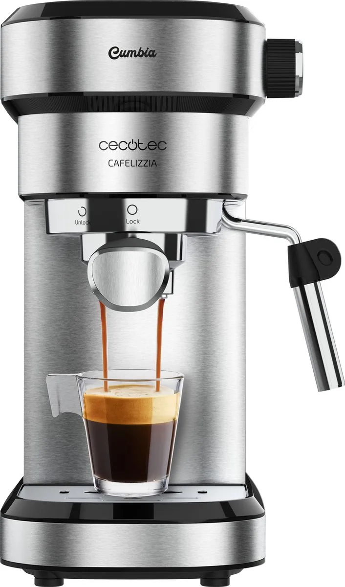 Espressomaschine Cafelizzia 790 Steel für Espresso und Cappuccino, 1350 W, Siebträger mit Doppelauslauf und zwei Filtern, 20 bar Druck, abnehmbarer 1,2-Liter-Tank, Edelstahl von Cecotec in Grau – Produktfoto