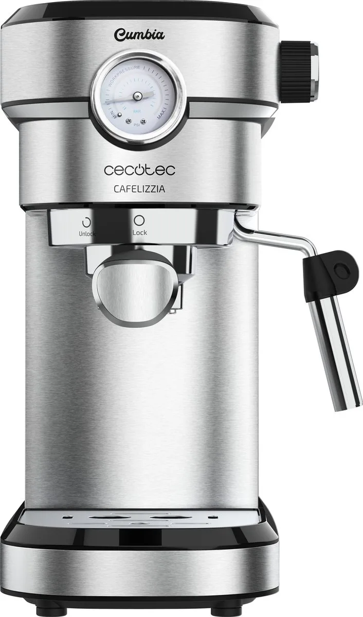 Espressomaschine Cafelizzia 790 Steel Pro, 1350W, Manometer, Thermoblock-System, 20 bar Druck, Automatikmodus für 1 bis 2 Kaffees, schwenkbares Dampfrohr, 1,2L, Edelstahl von Cecotec in Roestvrijstaal – Produktfoto