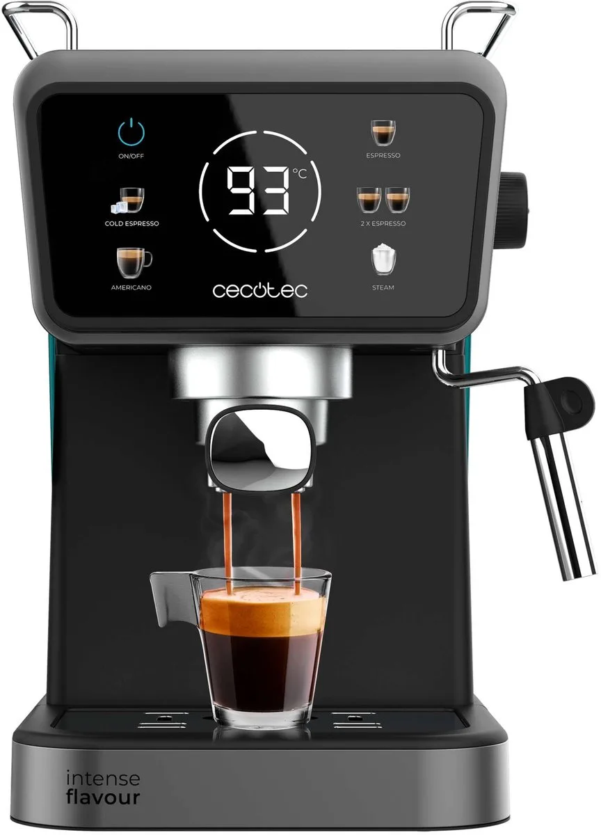 Espressomaschine Power Espresso Touch Coldbrew, Espresso und Cappuccino, Kaltkaffee, 20 Bar Druck, schwenkbarer Dampfauslauf von Cecotec in Schwarz – Produktfoto