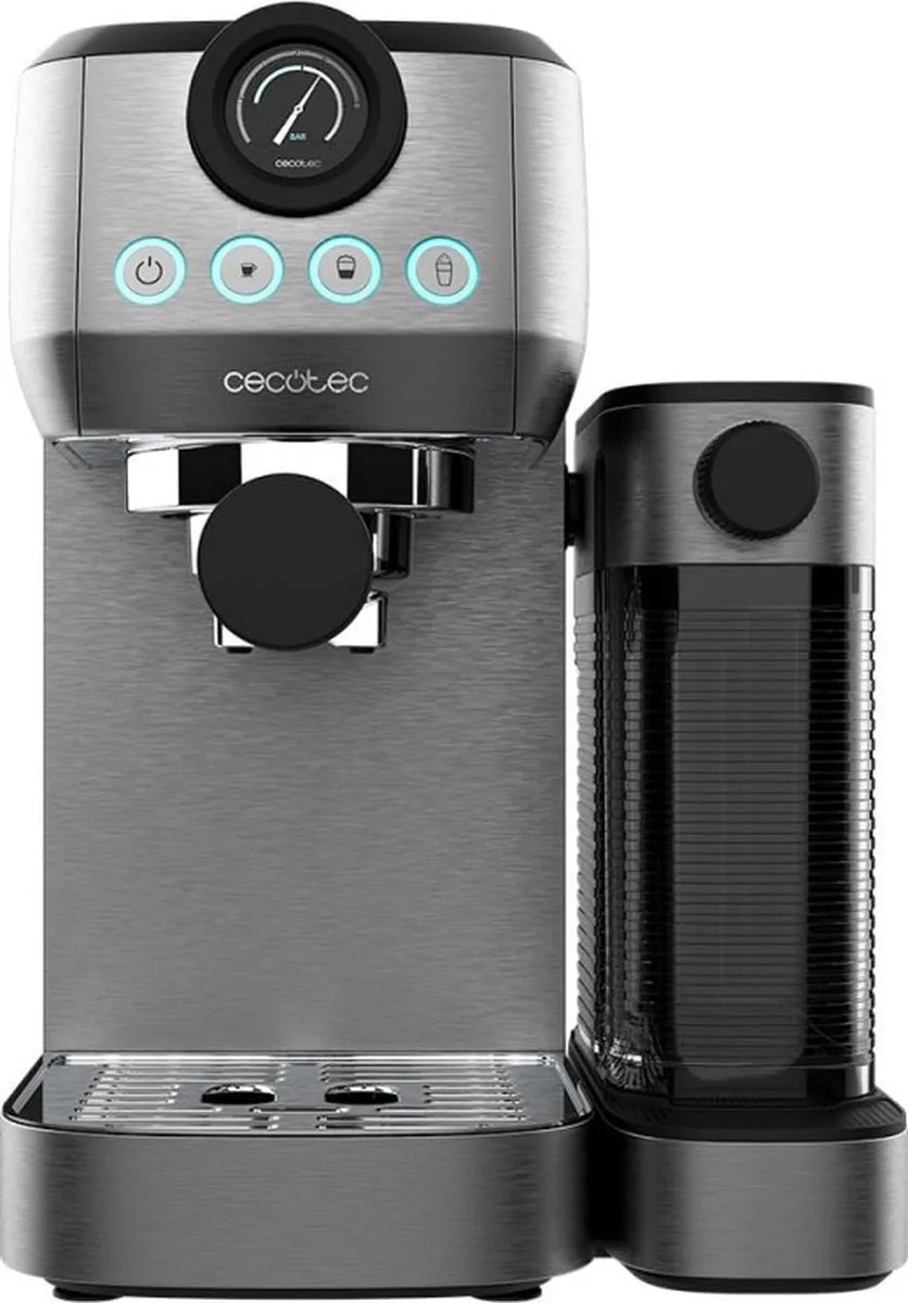 Halbautomatische Espressomaschine Power Espresso 20 Steel Pro Latte, 1350 W, Thermoblock, ForceAroma-Technologie mit 20 bar, Milchtank, Instant Cappuccino, Tassenwärmer von Cecotec in Schwarz, Silber – Produktfoto