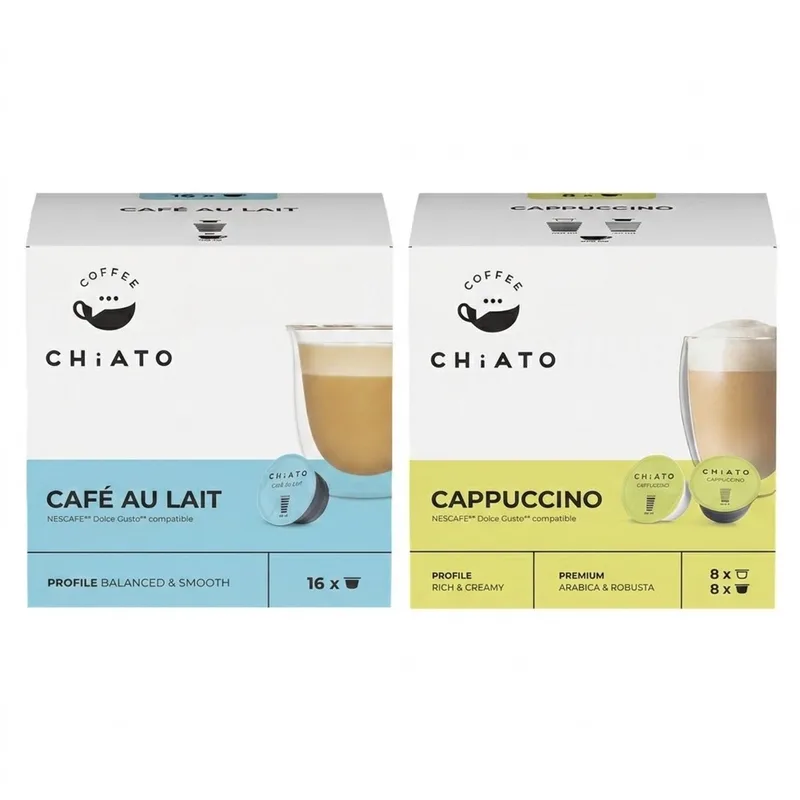 Koffiecups Duo Pack - Café au Lait & Cappuccino - Geschikt voor Dolce Gusto® - 24 Consumpties (32 capsules / 2 x 16 stuks) van CHiATO – productfoto