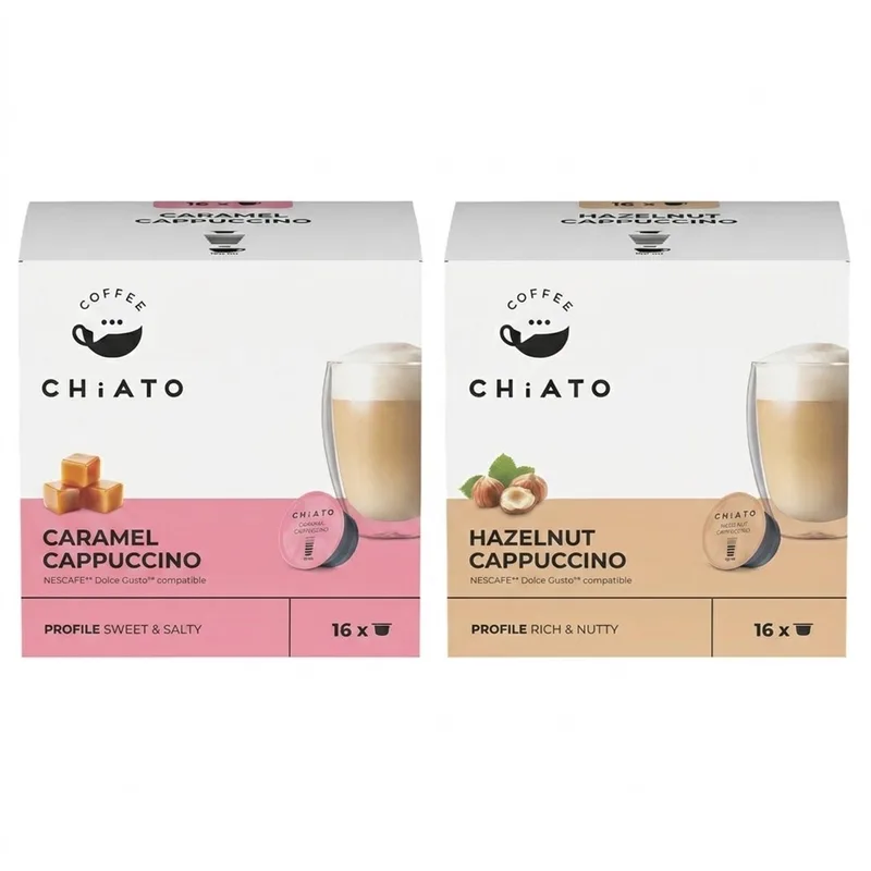 Koffiecups Duo Pack - Caramel Cappuccino & Hazelnut Cappuccino - Geschikt voor Dolce Gusto® - 32 stuks (2 x 16 capsules) van CHiATO – productfoto