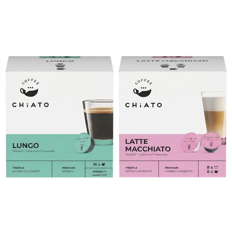Koffiecups Duo Pack - Lungo & Latte Macchiato - Geschikt voor Dolce Gusto® - 24 Consumpties (32 capsules / 2 x 16 stuks) van CHiATO – productfoto
