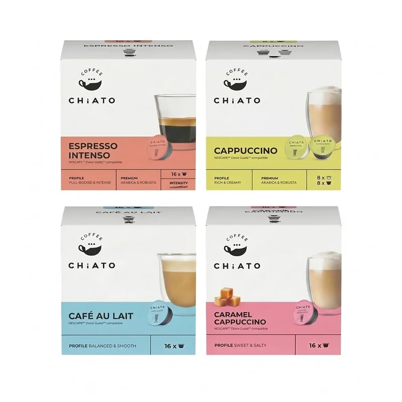 Koffiecups Megabundel - Café au Lait, Cappuccino, Caramel Cappuccino & Espresso Intenso - Geschikt voor Dolce Gusto® - 56 Consumpties (64 capsules) van CHiATO – productfoto