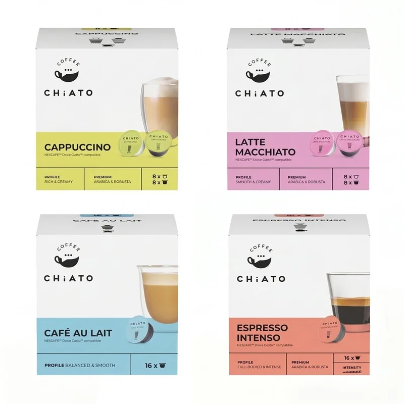 Koffiecups Megabundel - Café au Lait, Cappuccino, Espresso Intenso & Latte Macchiato - Geschikt voor Dolce Gusto® - 48 Consumpties (64 capsules) van CHiATO – productfoto