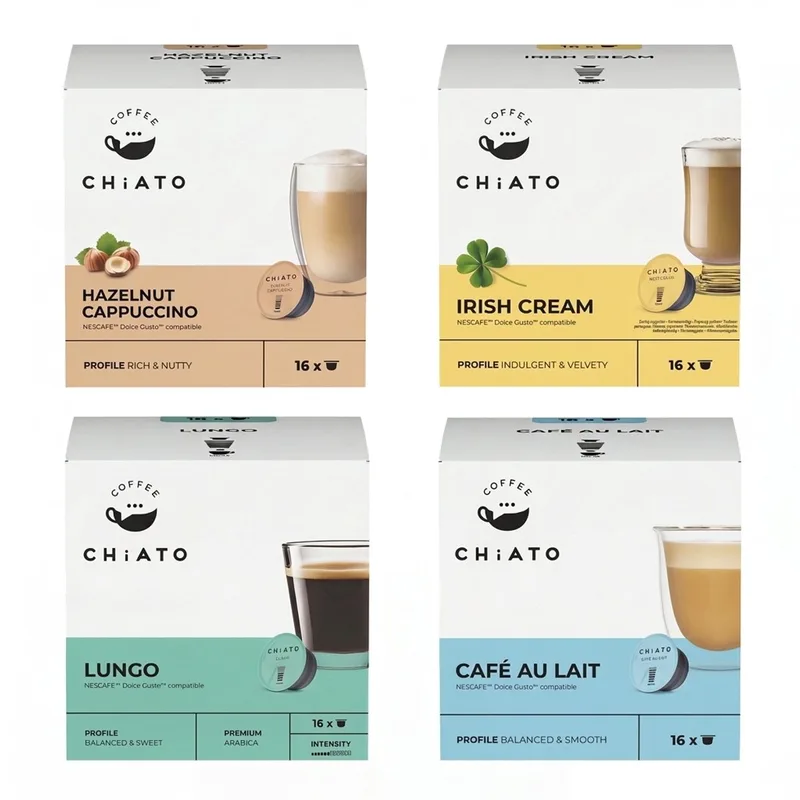 Koffiecups Megabundel - Café au Lait, Hazelnut Cappuccino, Irish Cream & Lungo - Geschikt voor Dolce Gusto® - 64 stuks (4 x 16 capsules) från CHiATO – produktbild