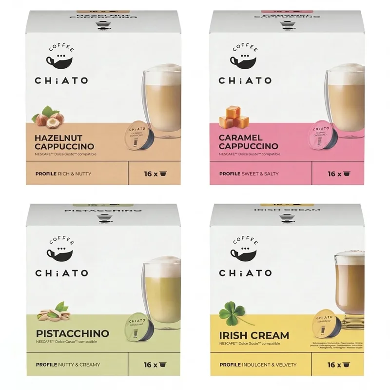 Koffiecups Megabundel - Caramel & Hazelnut Cappuccino, Irish Cream, Pistacchino - Geschikt voor Dolce Gusto® - 64 stuks (4 x 16 capsules) van CHiATO – productfoto