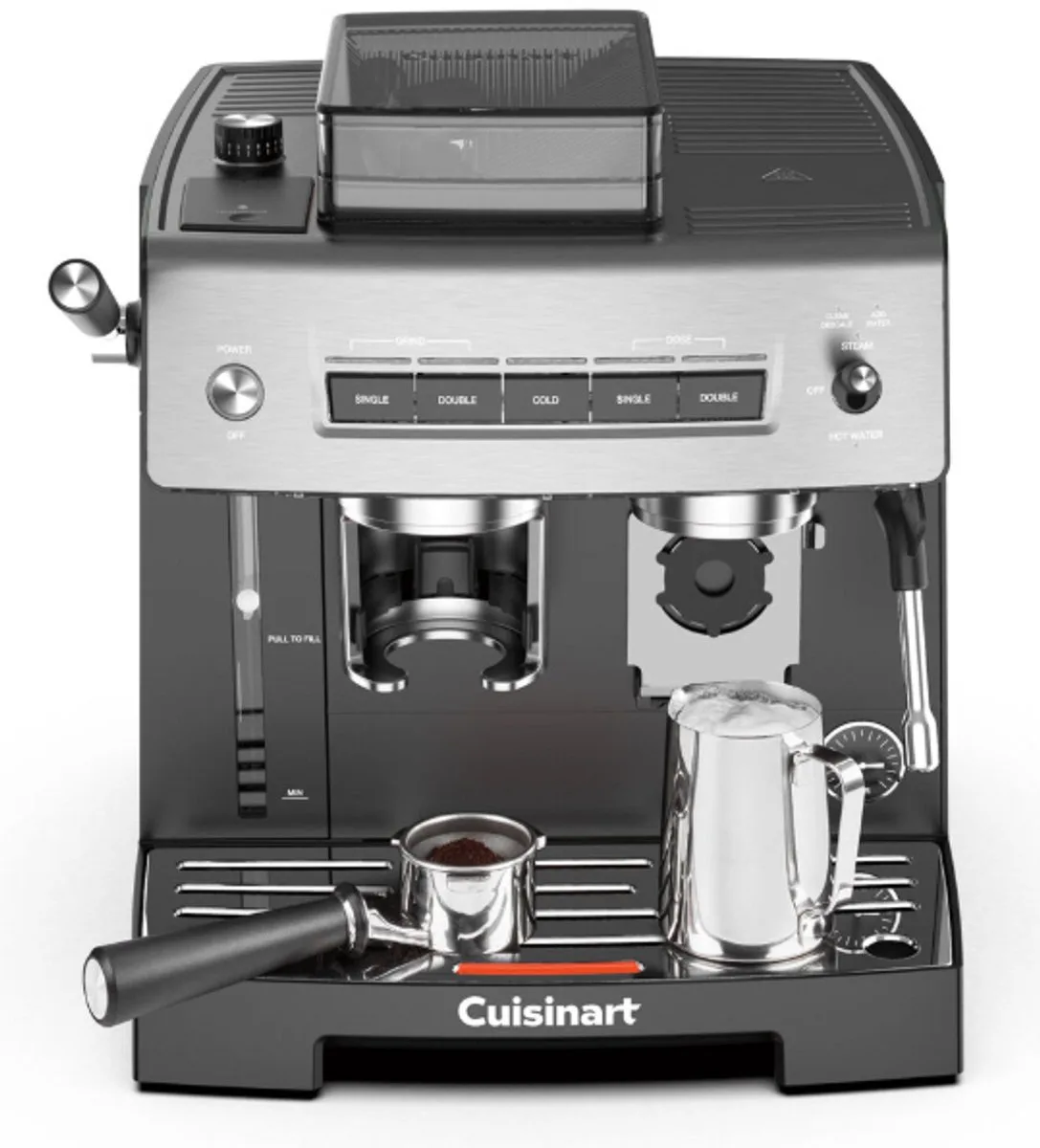 Espressomachine - Grind, Tamp and Brew EM640E - Ingebouwde koffiemolen - 20 bar - Iced coffee functie - 2,2 L - Zilver en zwart fra Cuisinart i Grå – produktbillede