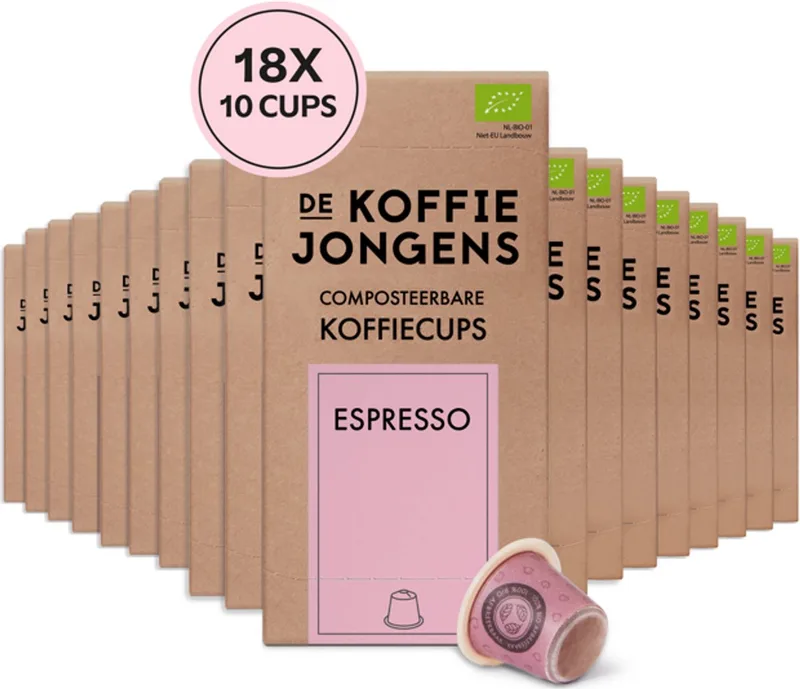 Compatibel met Nespresso - Espresso - 100% biologische koffie - 180 composteerbare koffiecups van De Koffiejongens – productfoto