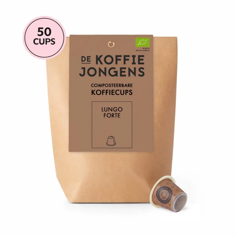 geschikt voor Nespresso - grootverpakking Lungo Forte - 50 composteerbare koffiecups - 100% biologische koffie van De Koffiejongens – productfoto