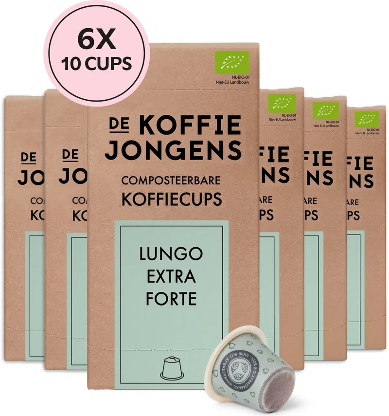 geschikt voor Nespresso - Lungo Extra Forte - 100% biologische koffie - 60 composteerbare koffiecups van De Koffiejongens – productfoto