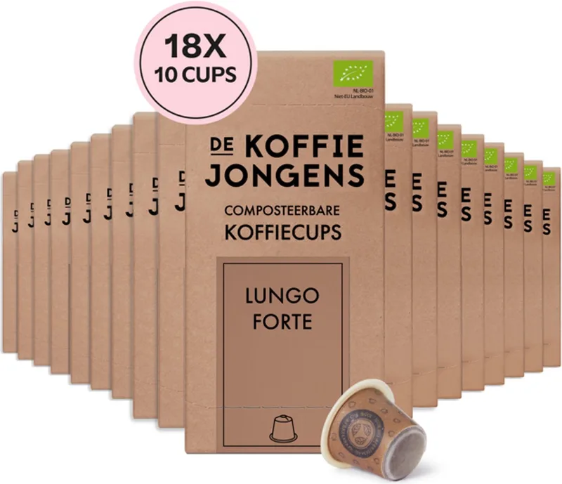 geschikt voor Nespresso - Lungo Forte - 100% biologische koffie - 180 composteerbare koffiecups van De Koffiejongens – productfoto