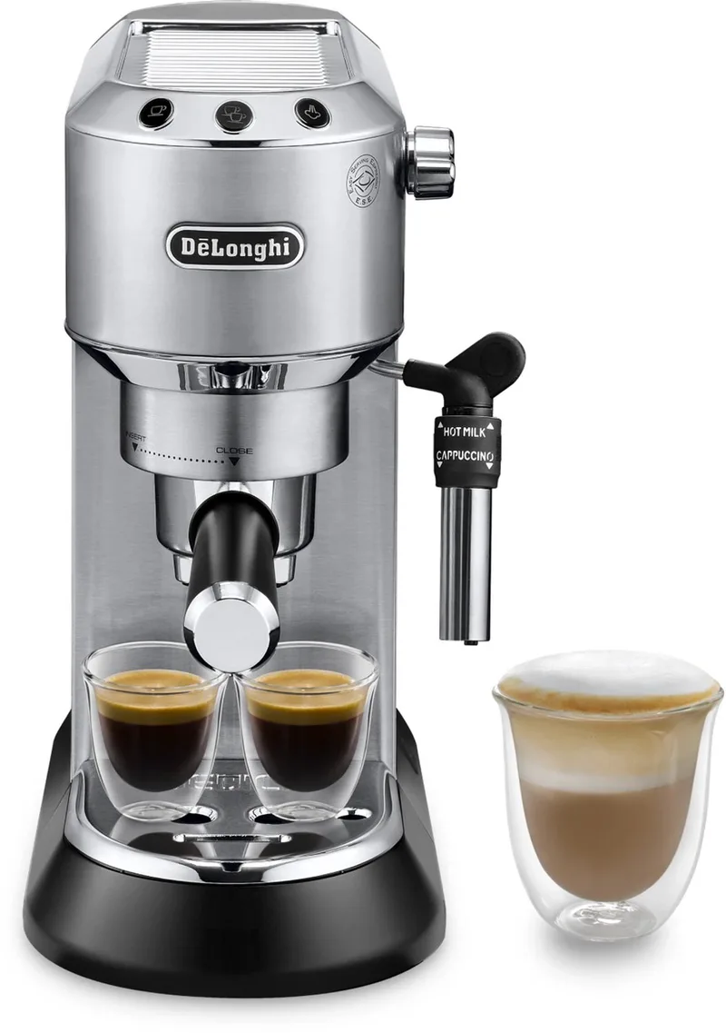 Compacte Espressomachine 15 Bar – Metalen Behuizing – Handmatige Melkopschuimer – Thermoblock – 1,1 L – Espresso Cappuccino & Latte van De'Longhi – productfoto