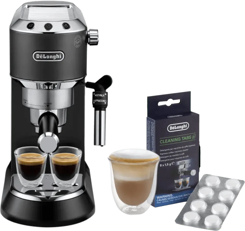 EC685.BK Dedica Zwart + Reinigingstabletten van De'Longhi – productfoto