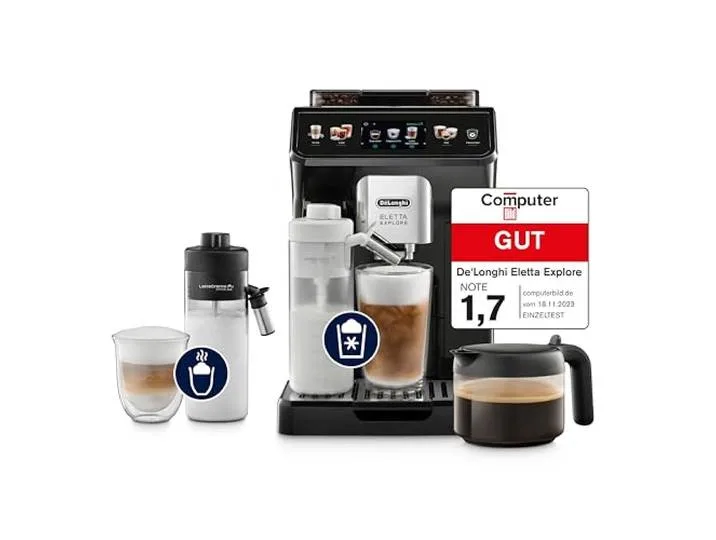 Eletta Explore - Kaffeevollautomat mit 40+ Getränken Grau Kaffeemaschine mit LatteCrema Hot & Cool-Milchaufschäumer, Heiße & Kalte Getränke, Farbdisplay, ECAM452.57.G från De'Longhi – produktbild