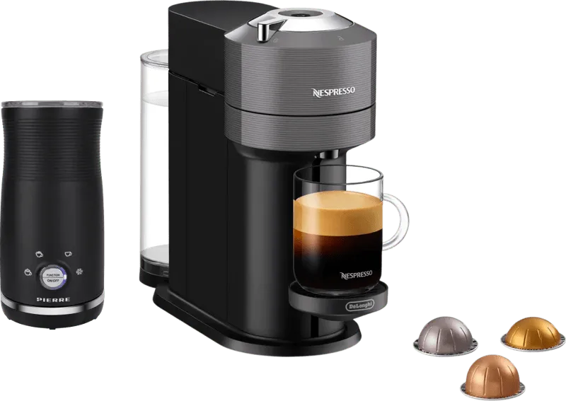 Nespresso Vertuo Next ENV120.GY + Pierre Melkopschuimer van De'Longhi – productfoto