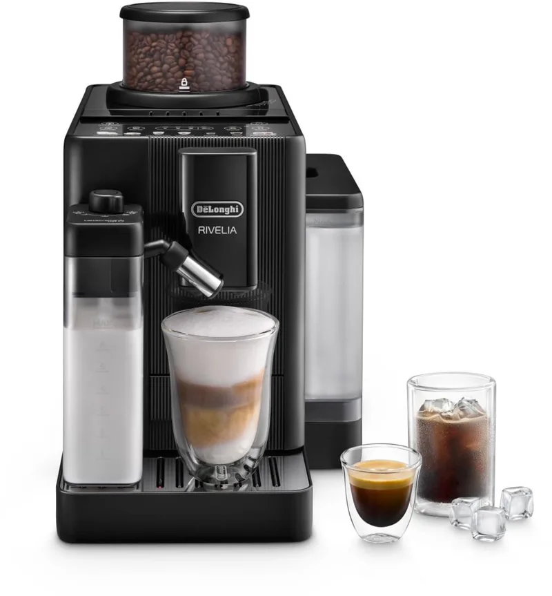 Rivelia Start – Volautomatische Espressomachine - gemakkelijk bonen wisselen, automatisch melkschuim & cold brew functie - 10 warme en koude dranken - EXAM420.55.BXL van De'Longhi in Onyx Black – productfoto