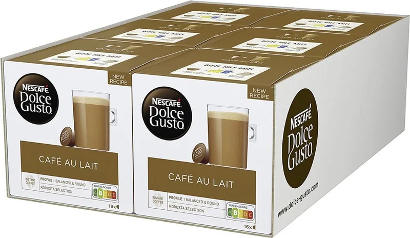 Café au Lait 96 koffiecups 6 doosjes van 16cups van Nescafé Dolce Gusto – productfoto