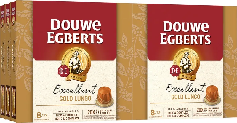 Excellent Gold Lungo Koffiecups - Intensiteit 8/12 - 10 x 20 capsules van Douwe Egberts – productfoto
