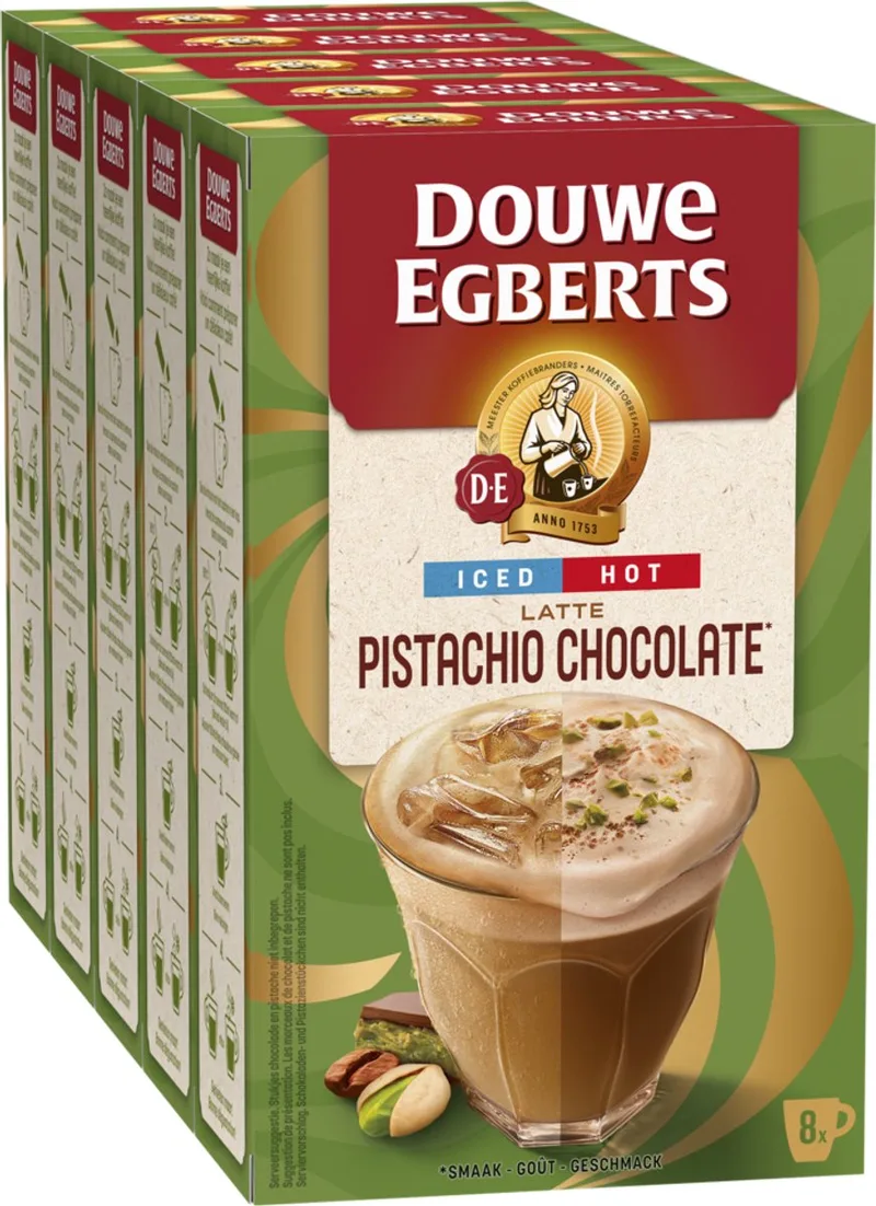 Iced/ Hot Pistachio Chocolate Oploskoffie - 5 x 8 oplossticks van Douwe Egberts – productfoto