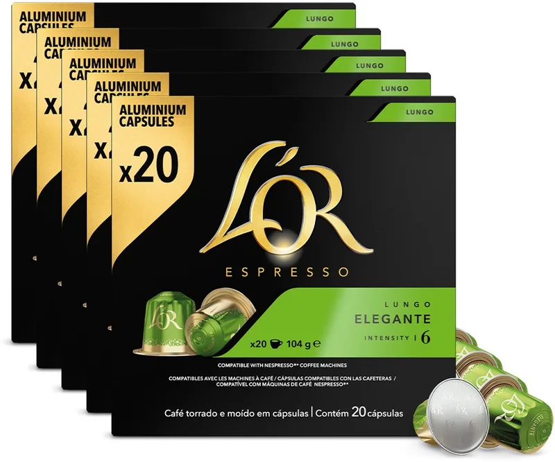 L'Or Espresso Lungo Elegante - Multipack - 100 (5x20) Koffiecups Compatibel met Nespresso Coffee Machine de Douwe Egberts – photo produit