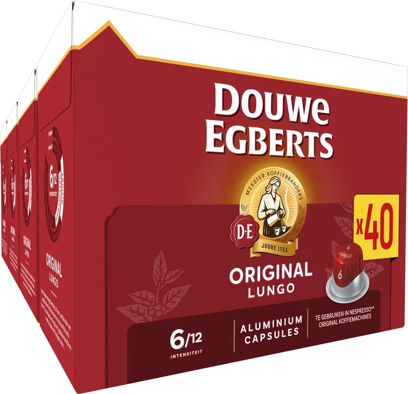 Lungo Original Koffiecups - Intensiteit 6/12 - 5 x 40 capsules van Douwe Egberts – productfoto
