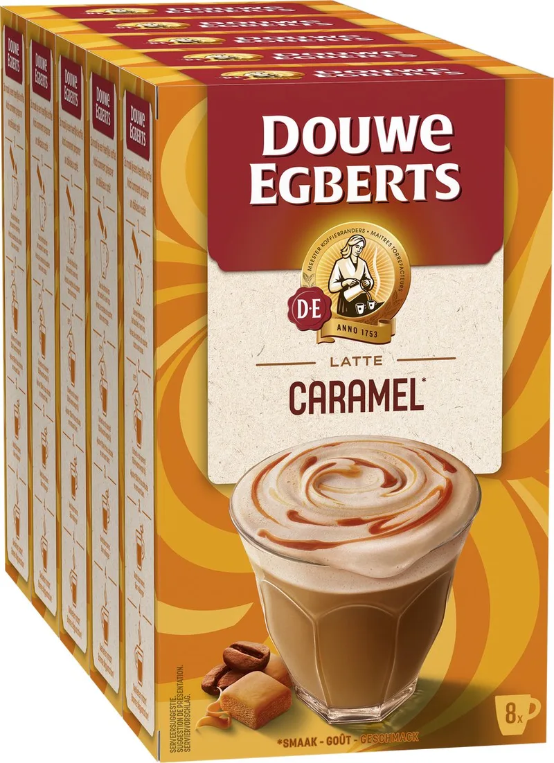Verwenkoffie Latte Caramel Oploskoffie - 5 x 8 zakjes van Douwe Egberts – productfoto