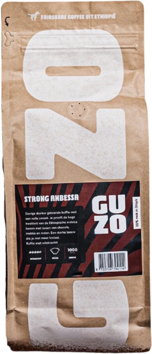 Strong Anbessa Filterkoffie Gemalen Koffie 1000 gram 100% Arabica Dark Roast Gebrand en Verpakt in Ethiopië