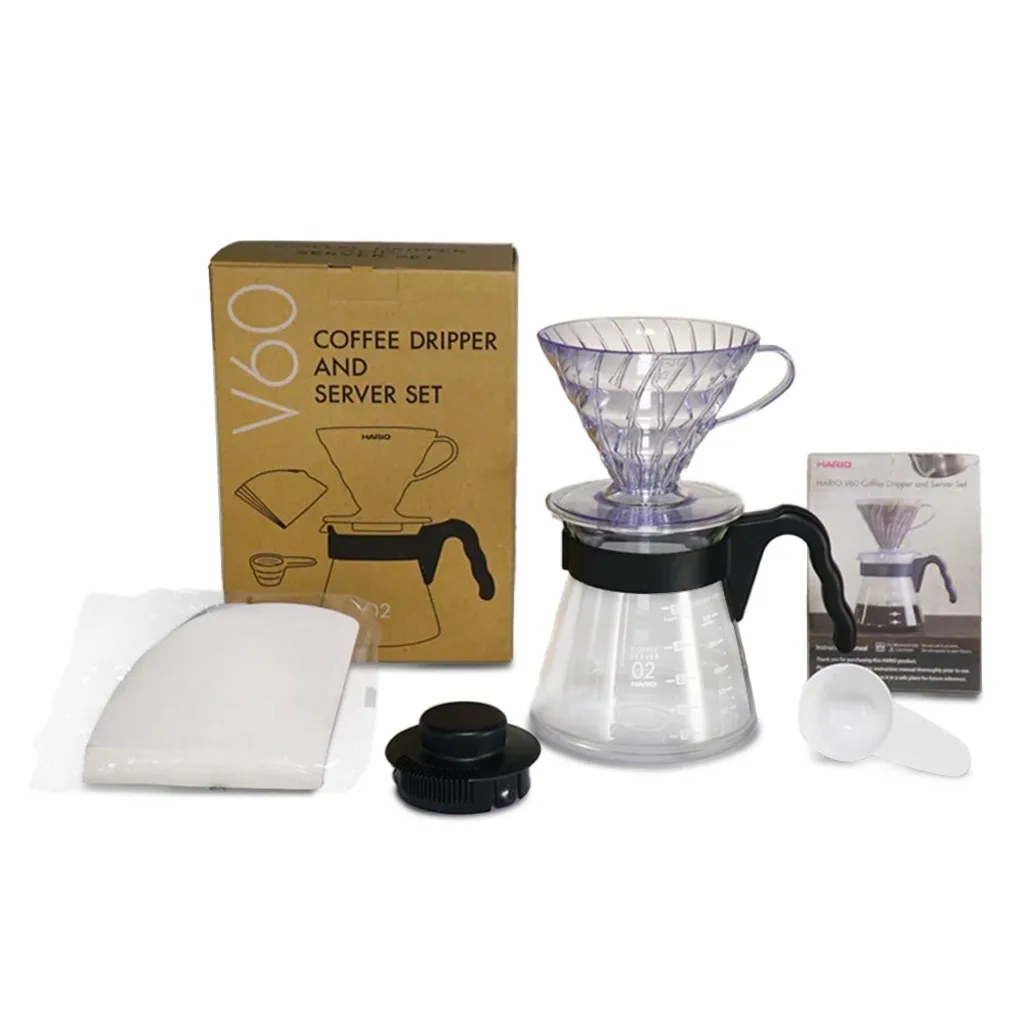 V60 - Koffiedripper, koffiekan, koffiefilters & maatschepje - Complete set van Hario – productfoto