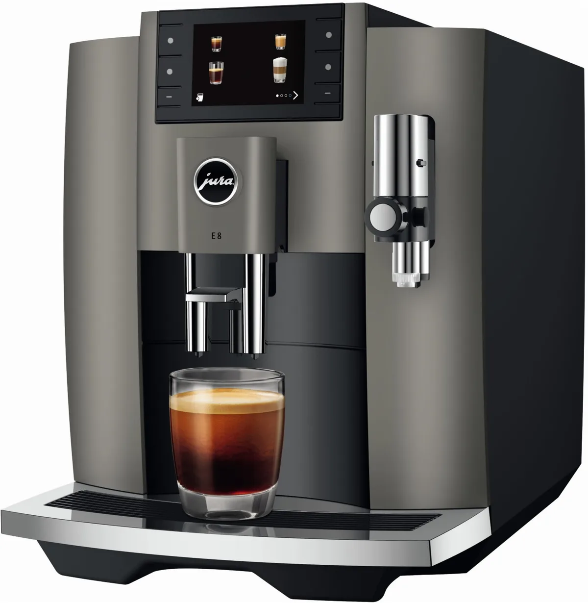E8 Kaffee-Vollautomat Dark Inox (EC), Latte Macchiato/Cappuccino, 15 bar, 1,9 l von Jura in Schwarz – Produktfoto