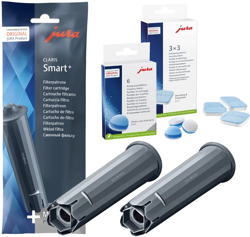 Onderhoudset: 2x JURA Claris Smart+ Waterfilter + JURA Ontkalkingstabletten 9 pack + JURA reinigingstabletten van Jura – productfoto
