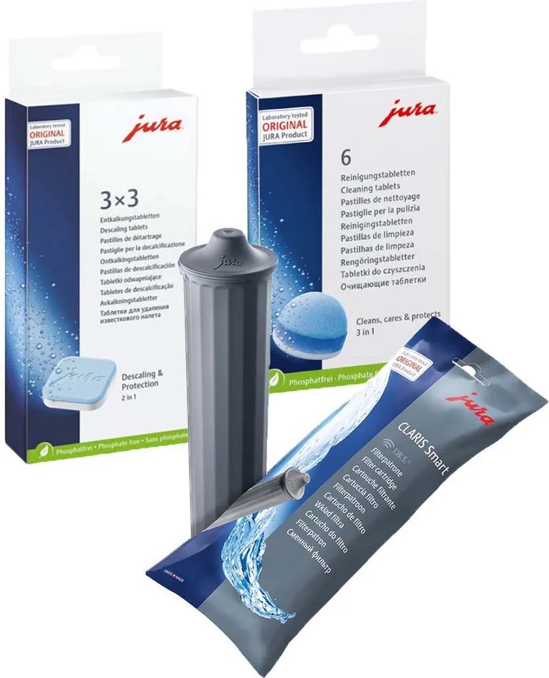 Onderhoudsset Koffiemachine Ontkalkingstabletten + Reinigingstabletten + Waterfilter van Jura – productfoto