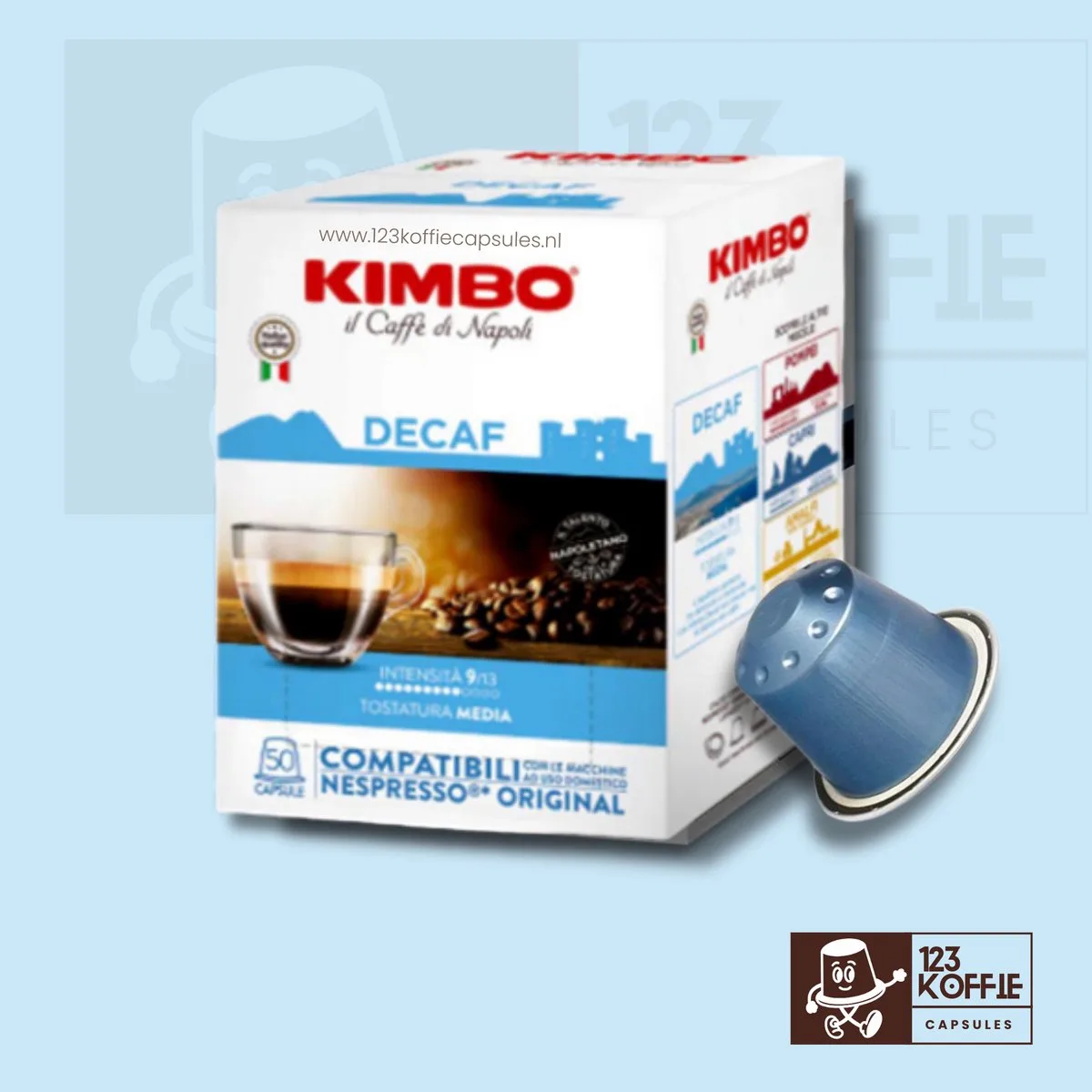 Decaf capsules Nespresso® 50 st. – cafeïnevrije espresso de Kimbo – photo produit